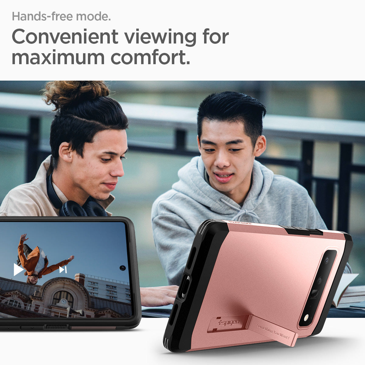 ACS03463 - Pixel 6 Pro Case Tough Armor in rose gold hands free mode convenient viewing for maximum comfort.