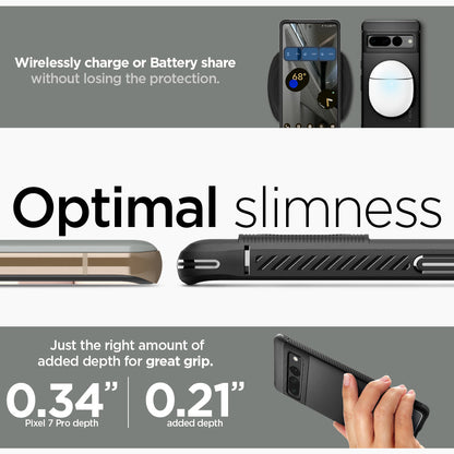 ACS04725 - Pixel 7 Pro Case Rugged Armor in matte black wirelessly charge or battery share without losing the protection. Optimal slimness. Just the right amount of added depth for great grip.