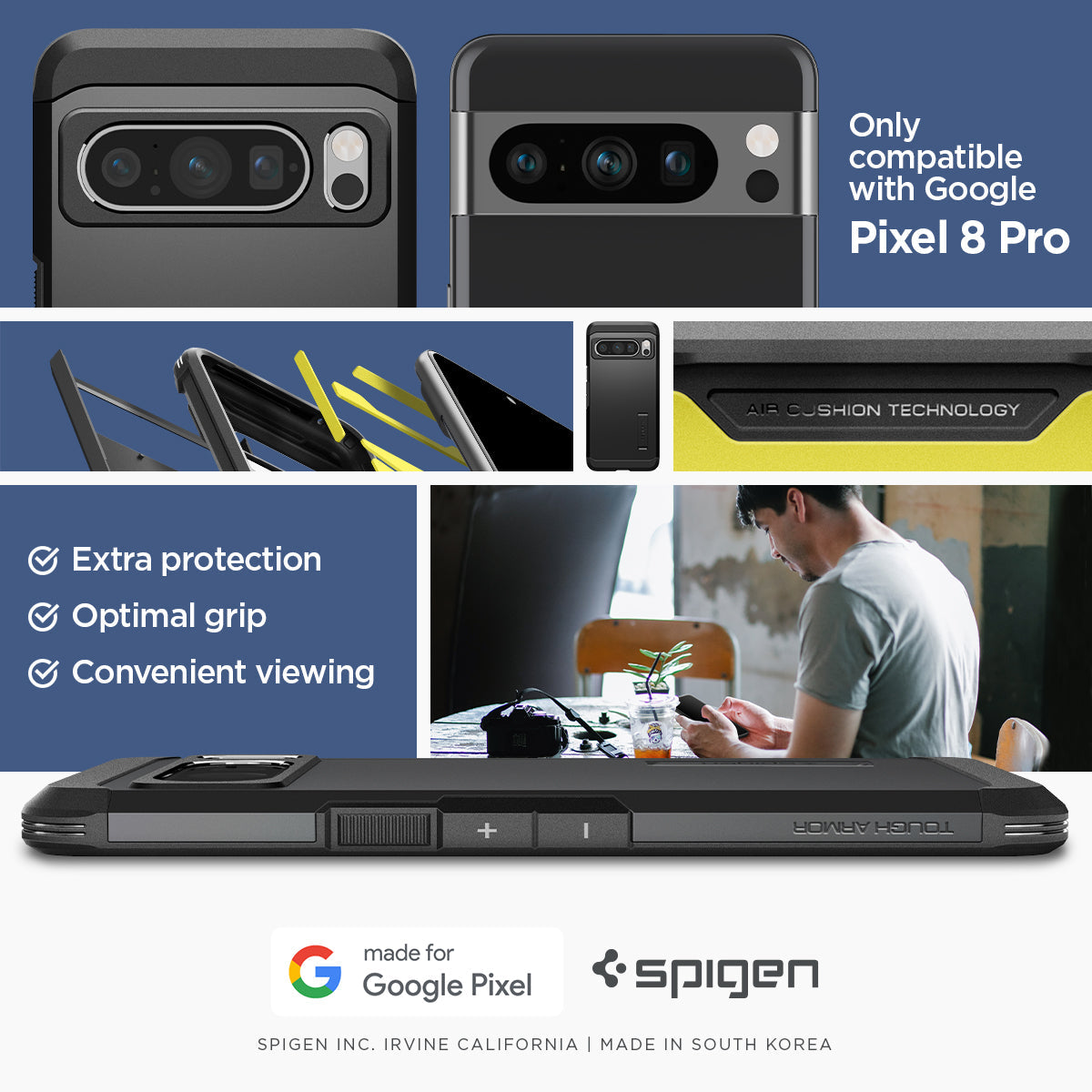 ACS06319 - Pixel 8 Pro Case Tough Armor in black only compatible with Google Pixel 8 pro. Extra protection, Optimal grip, Convenient viewing.