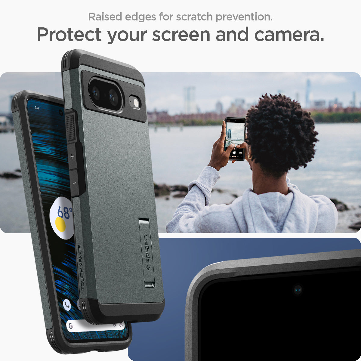 ACS06285 - Pixel 8 Case Tough Armor in abyss green showing the raised edges for scratch prevention. Protect your screen and camera