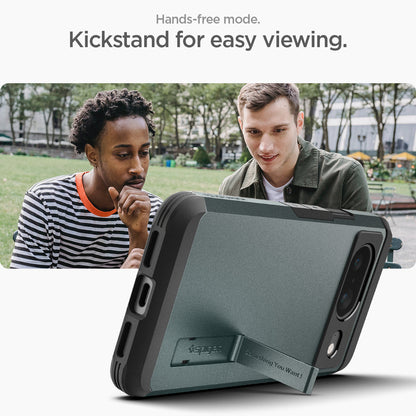 ACS06285 - Pixel 8 Case Tough Armor in abyss green showing the Hands-free mode. Kickstand for easy viewing