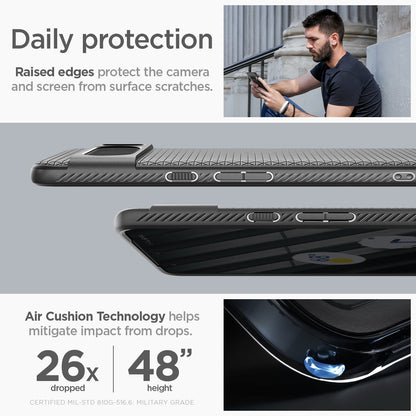ACS06311 - Pixel 8 Pro Case Liquid Air in Matte Black daily protection raised edges protect the camera and screen from surface scratches. Air cushion technology helps mitigate impact from drops.