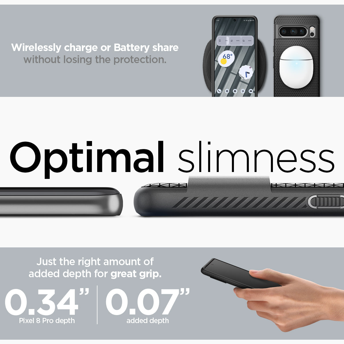 ACS06311 - Pixel 8 Pro Case Liquid Air in Matte Black wirelessly charge or battery share without losing the protection. Optimal slimness. Just the right amount of added depth for great grip.