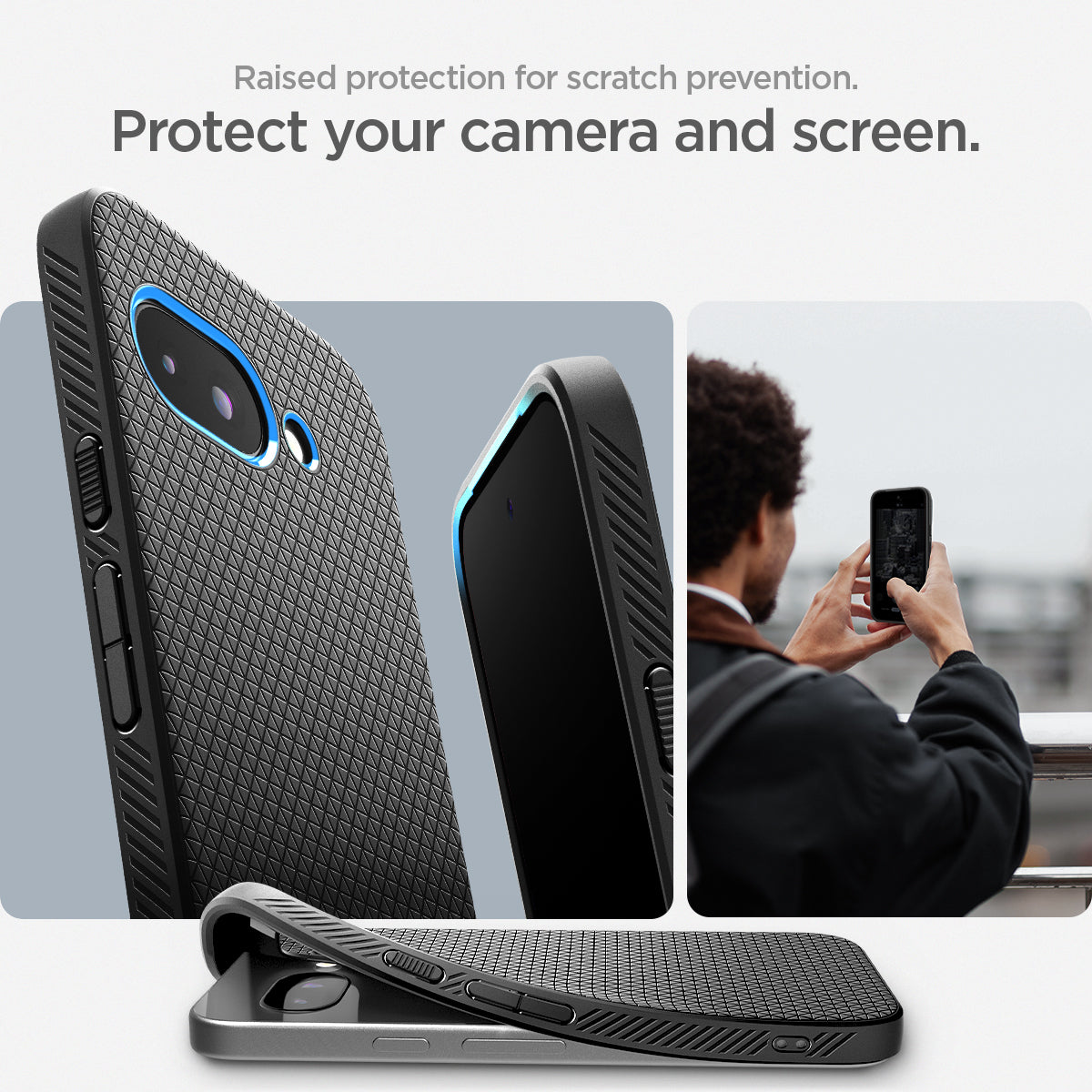 ACS09039 - Pixel 9a Case Liquid Air in Matte Black showing the raised protection for scratch prevention. Protect your camera and screen