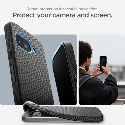 ACS09039 - Pixel 9a Case Liquid Air in Matte Black showing the raised protection for scratch prevention. Protect your camera and screen