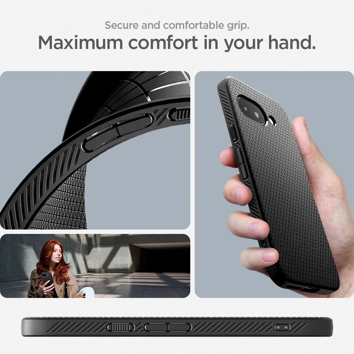ACS09039 - Pixel 9a Case Liquid Air in Matte Black showing the secure and comfortable grip. Maximum comfort in your hand