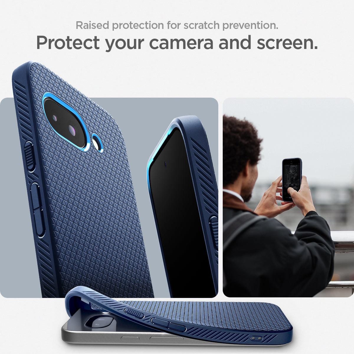 ACS09040 - Pixel 9a Case Liquid Air in Navy Blue showing the raised protection for scratch prevention. Protect your camera and screen