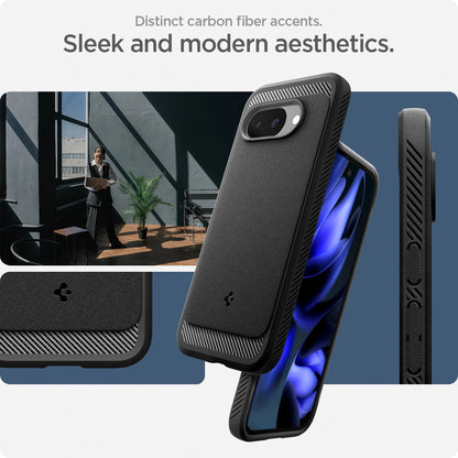 ACS09041 - Pixel 9a Case Rugged Armor (MagFit) in black showing the distinct carbon fiber accents in design