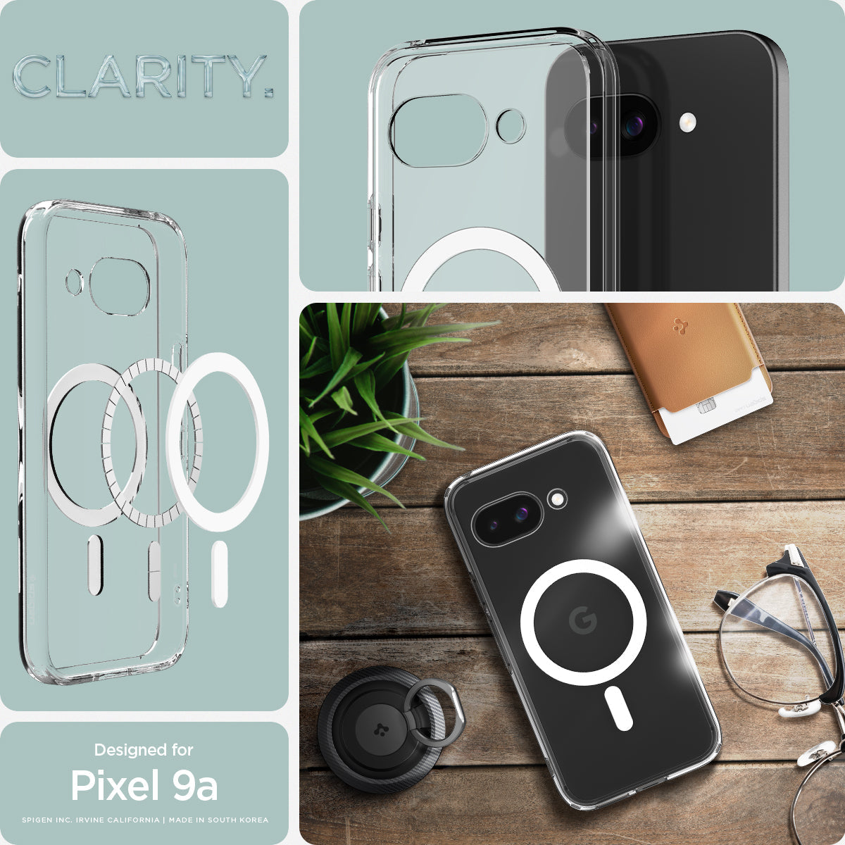 ACS09043 - Pixel 9a Case Ultra Hybrid Metal Ring (MagFit) in Clear White showing the different angles