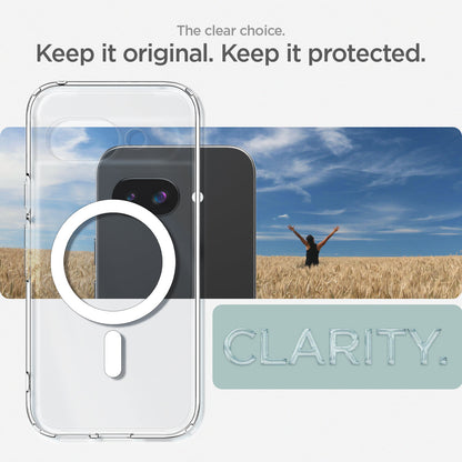 ACS09043 - Pixel 9a Case Ultra Hybrid Metal Ring (MagFit) in Clear White showing the clear choice. Keep it original. Keep it protected