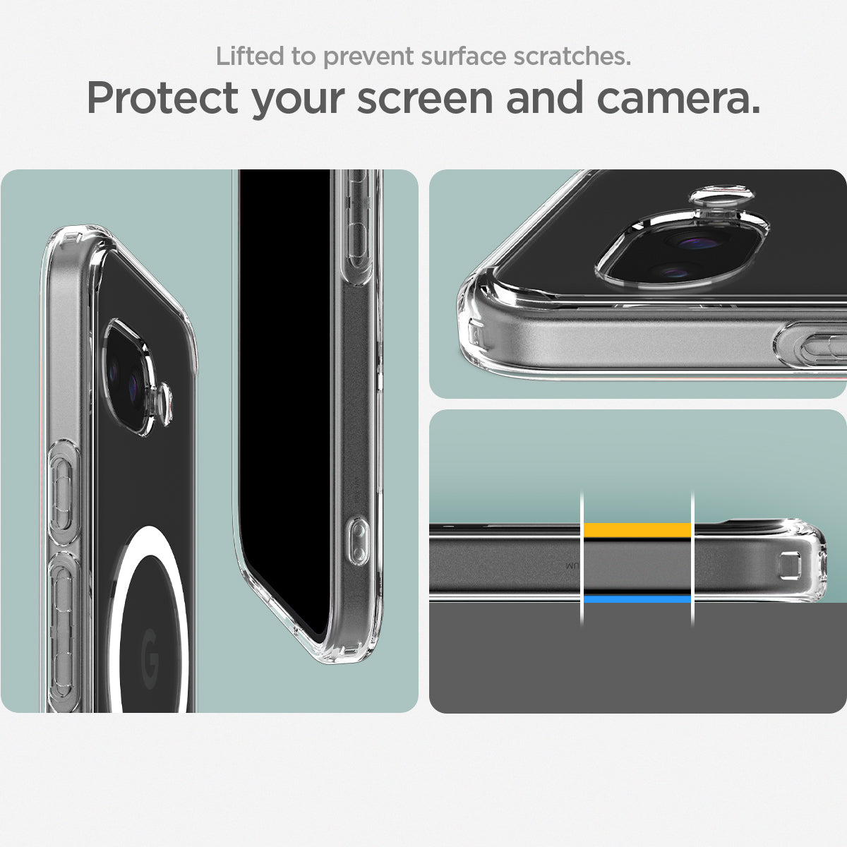 ACS09043 - Pixel 9a Case Ultra Hybrid Metal Ring (MagFit) in Clear White showing how your screen and camera protected. Lifted to prevent surface scratches