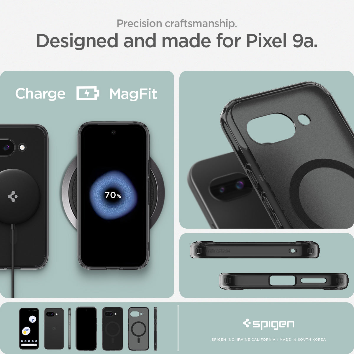 ACS09045 - Pixel 9a Case Ultra Hybrid Metal Ring (MagFit) in Frost Black showing the precision craftsmanship. Designed and made for Pixel 9a. Charging with the case