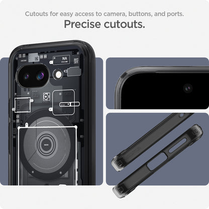 ACS09044 - Pixel 9a Case Ultra Hybrid Zero One showing the cutouts for easy access to camera, buttons, and ports. Precise cutouts