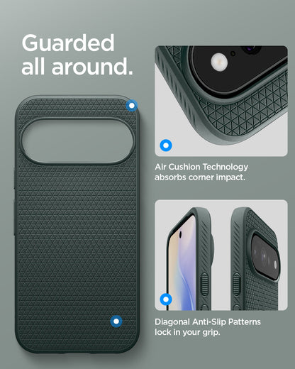 ACS11858 - Pixel 11 Pro Liquid Air (Mag Fit) Abyss Green close up highlighting Air Cushion Technology, textured side grips, and corner protection.