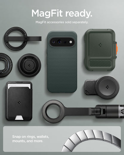 ACS11863 - Pixel 11 Pro XL Liquid Air (Mag Fit) Abyss Green case shown with compatible magnetic accessories including a wallet, charger, ring grip, and car mount.