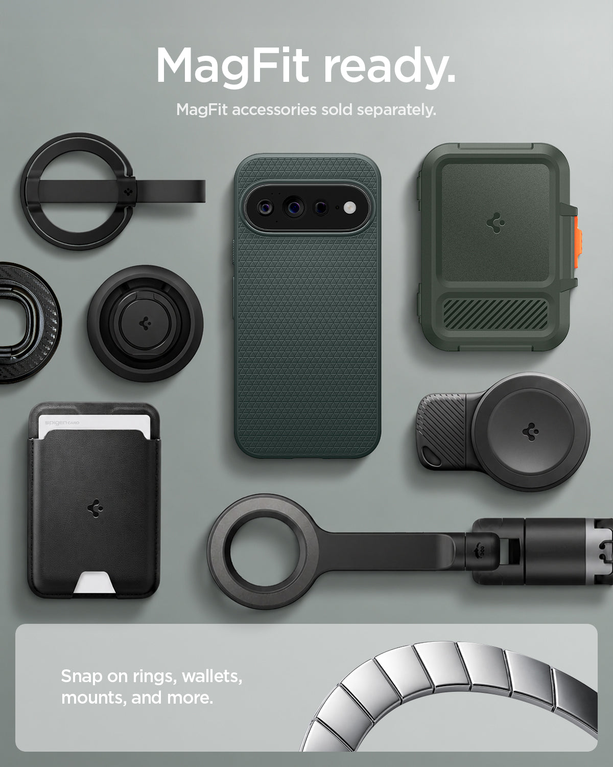 ACS11858 - Pixel 11 Pro Liquid Air (Mag Fit) Abyss Green case shown with compatible magnetic accessories including a wallet, charger, ring grip, and car mount.