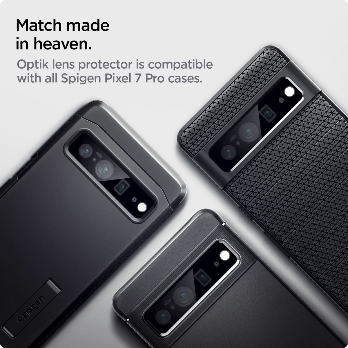 AGL05470 - Pixel 7 Pro Optik Lens Protector in black match made in heaven. Optik lens protector is compatible with all Spigen pixel 7 pro cases.