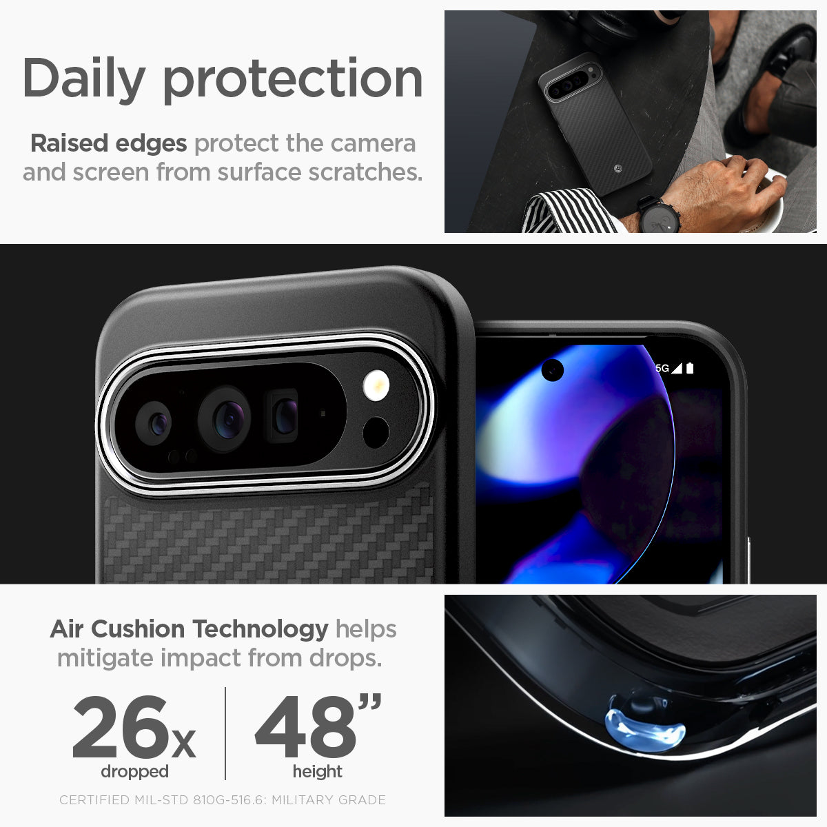 ACS07734 - Pixel 9 Pro XL Case Enzo Aramid in Matte Black daily protection raised edges protect the camera and screen from surface scratches. Air cushion technology helps mitigate impact from drops.