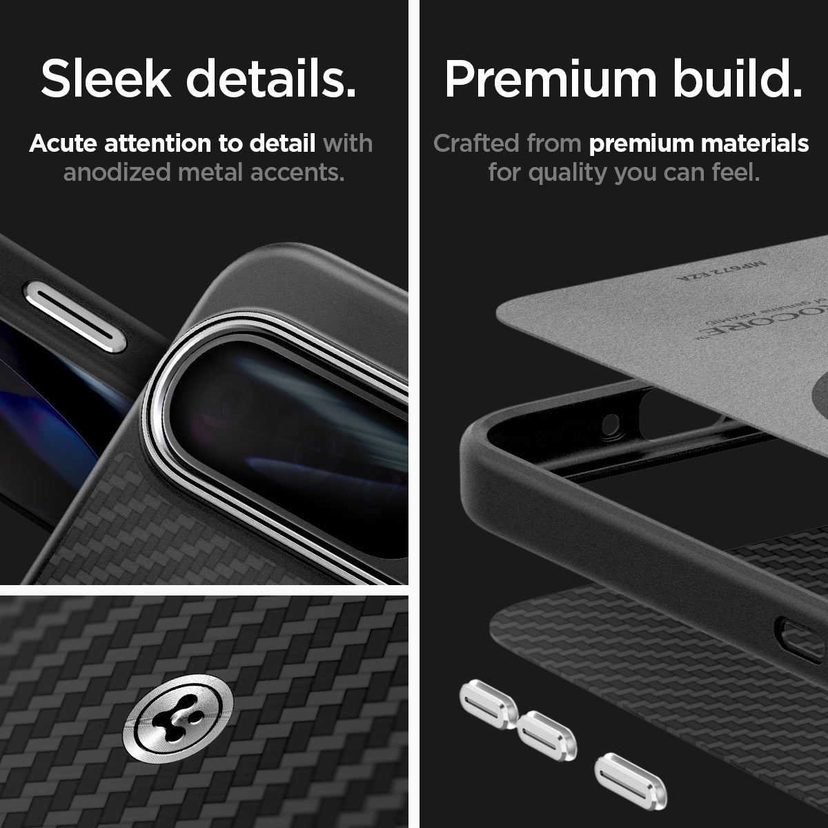 ACS07734 - Pixel 9 Pro XL Case Enzo Aramid in Matte Black sleek details. Acute attention to detail with anodized metal accents. premium build. crafted from premium materials for quality you can feel.