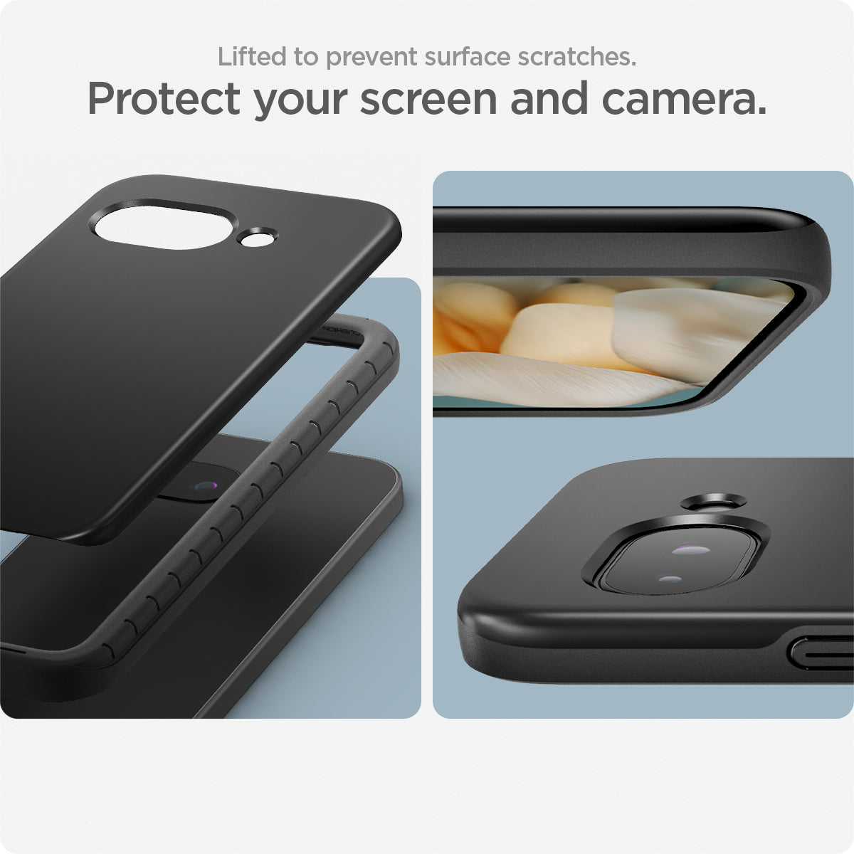 ACS09037 - Pixel 9a Case Thin Fit (MagFit) in Black showing the lifted surface to prevent surface scratches. Protect your screen and camera