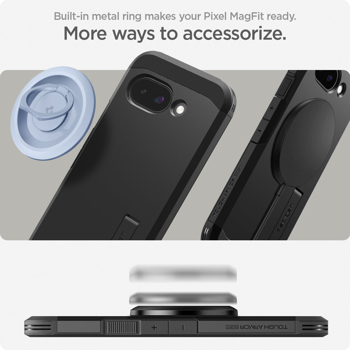 ACS09046 - Pixel 9a Case Tough Armor AI (MagFit) in Black showing the built-in metal ring makes your Pixel MagFit ready