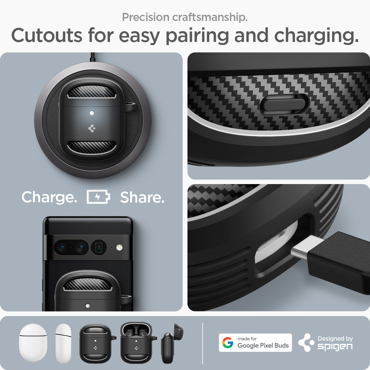 ACS05133 - Pixel Buds Pro Case Rugged Armor in matte black precision craftsmanship. cutouts for easy pairing and charging.