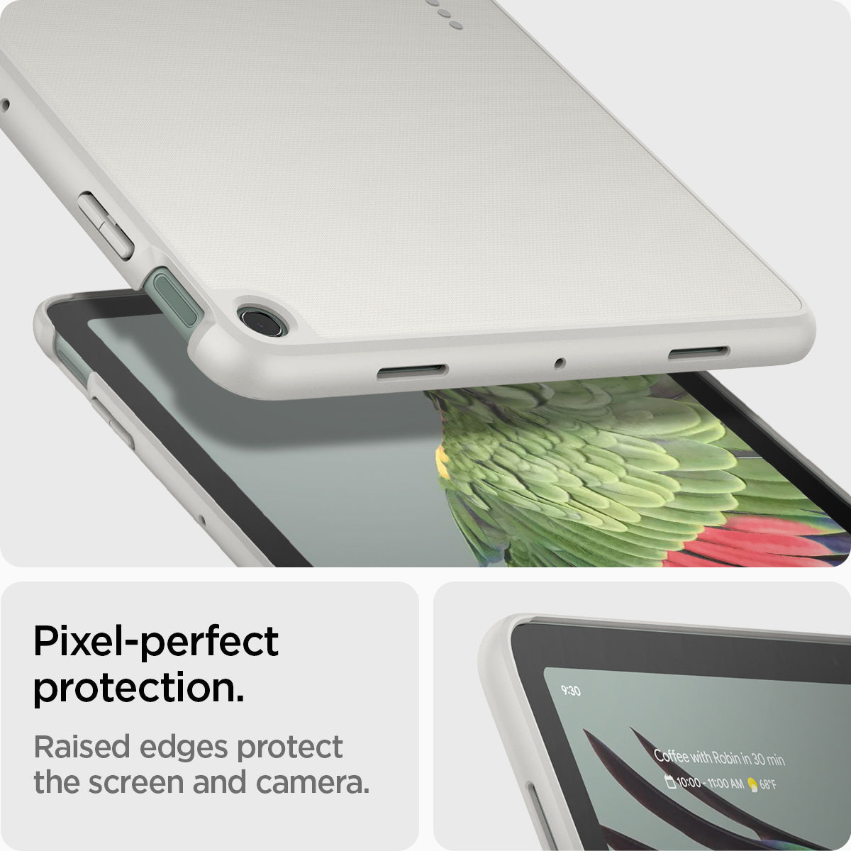 ACS06924 - Pixel Tablet Case Thin Fit Pro in gray showing the pixel-perfect protection. Raised edges protect the screen and camera