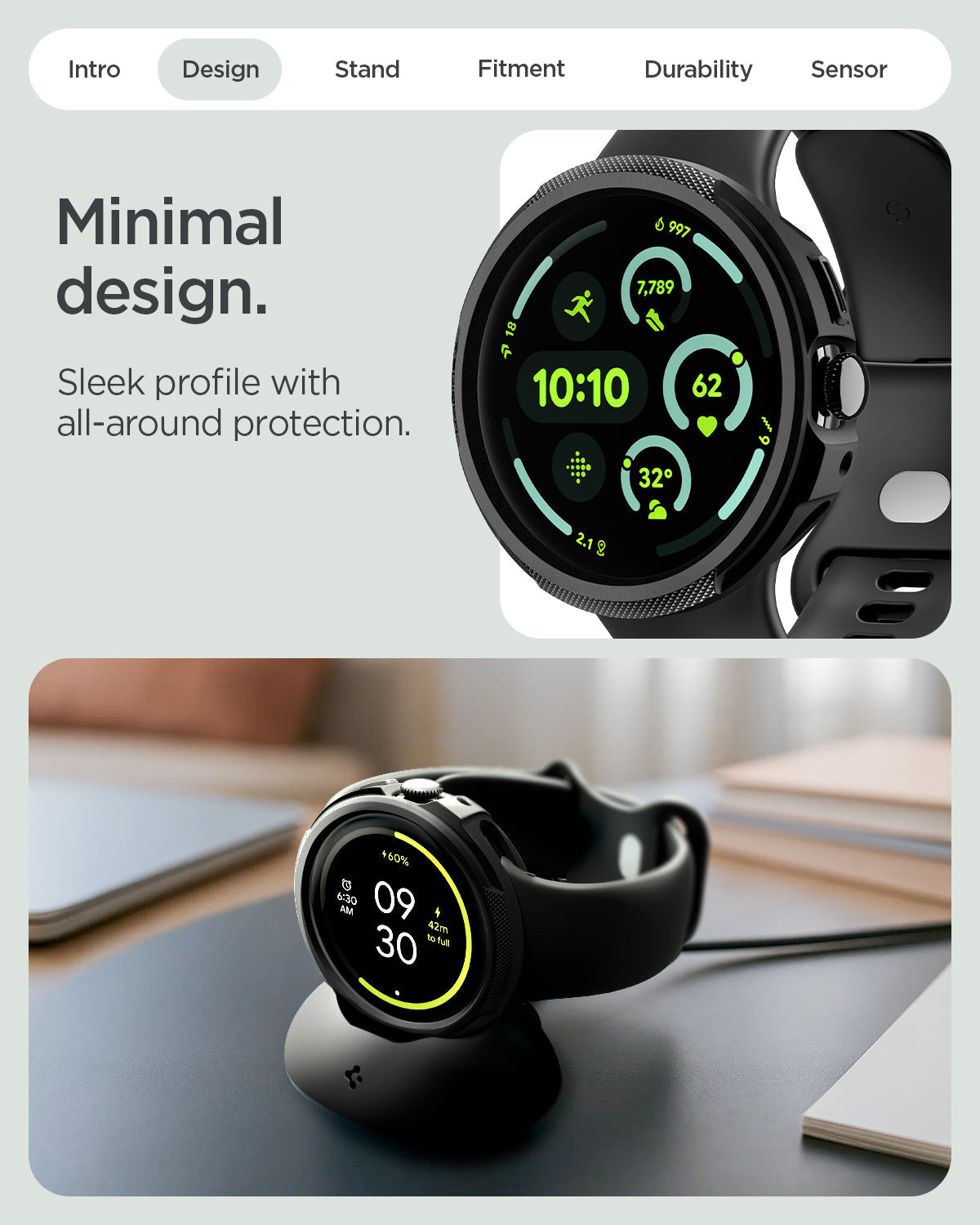 ACS11222 - Pixel Watch 4 (45mm) Case Liquid Air in black showing the minimal design. Sleek profile with all around protection