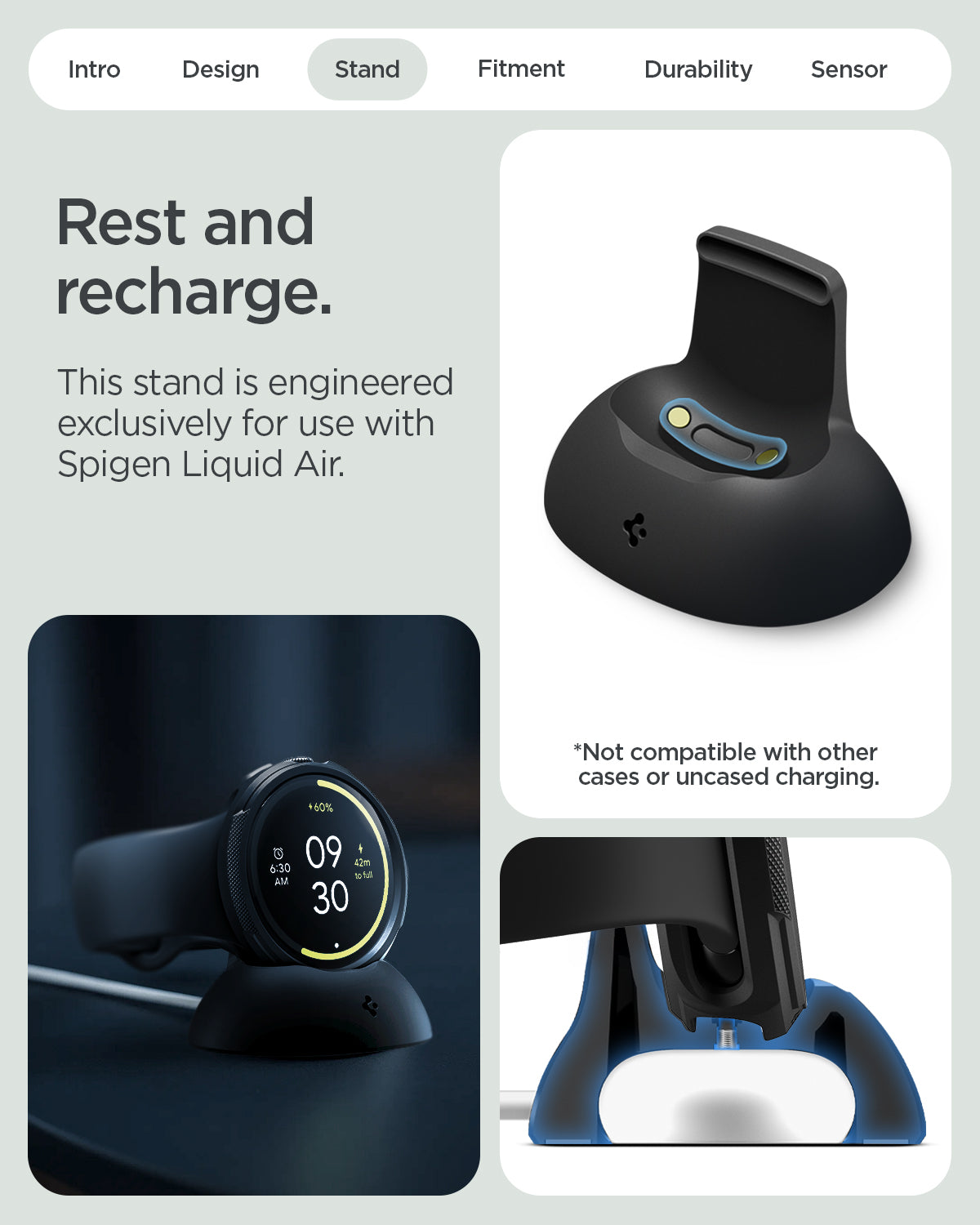 ACS09483 - Pixel Watch 4 (41mm) Case Liquid Air in black showing the rest and recharge. This stand is engineered exclusively for use with Spigen Liquid air. Not compatible with other cases or uncased charging