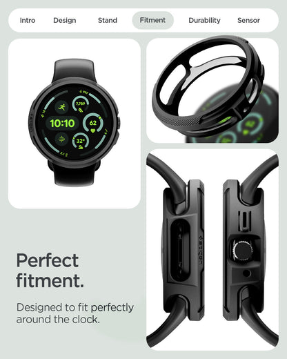 ACS11222 - Pixel Watch 4 (45mm) Case Liquid Air in black showing the prefect fitment. Designed to fit perfectly around the clock