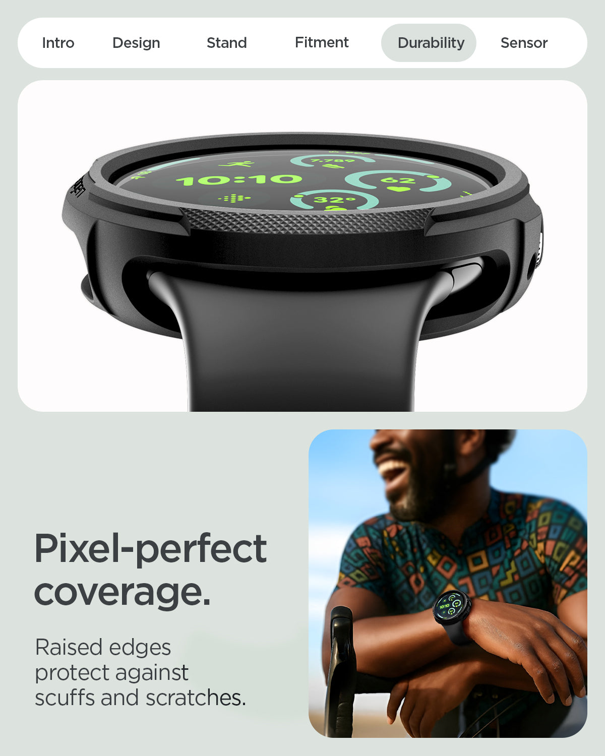 ACS11222 - Pixel Watch 4 (45mm) Case Liquid Air in black showing the pixel perfect coverage. Raised edges protect against scuffs and scratches