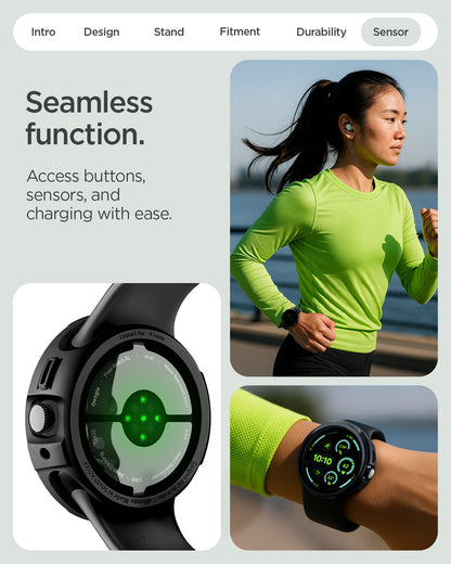 ACS09483 - Pixel Watch 4 (41mm) Case Liquid Air in black showing the seamless function. Access buttons, sensors and charging with ease