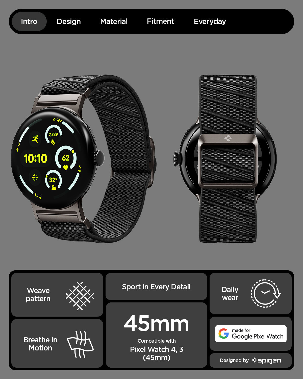 AMP11421 - Pixel Watch 4 45mm Lite Fit X Watch Band in black showing the features of band