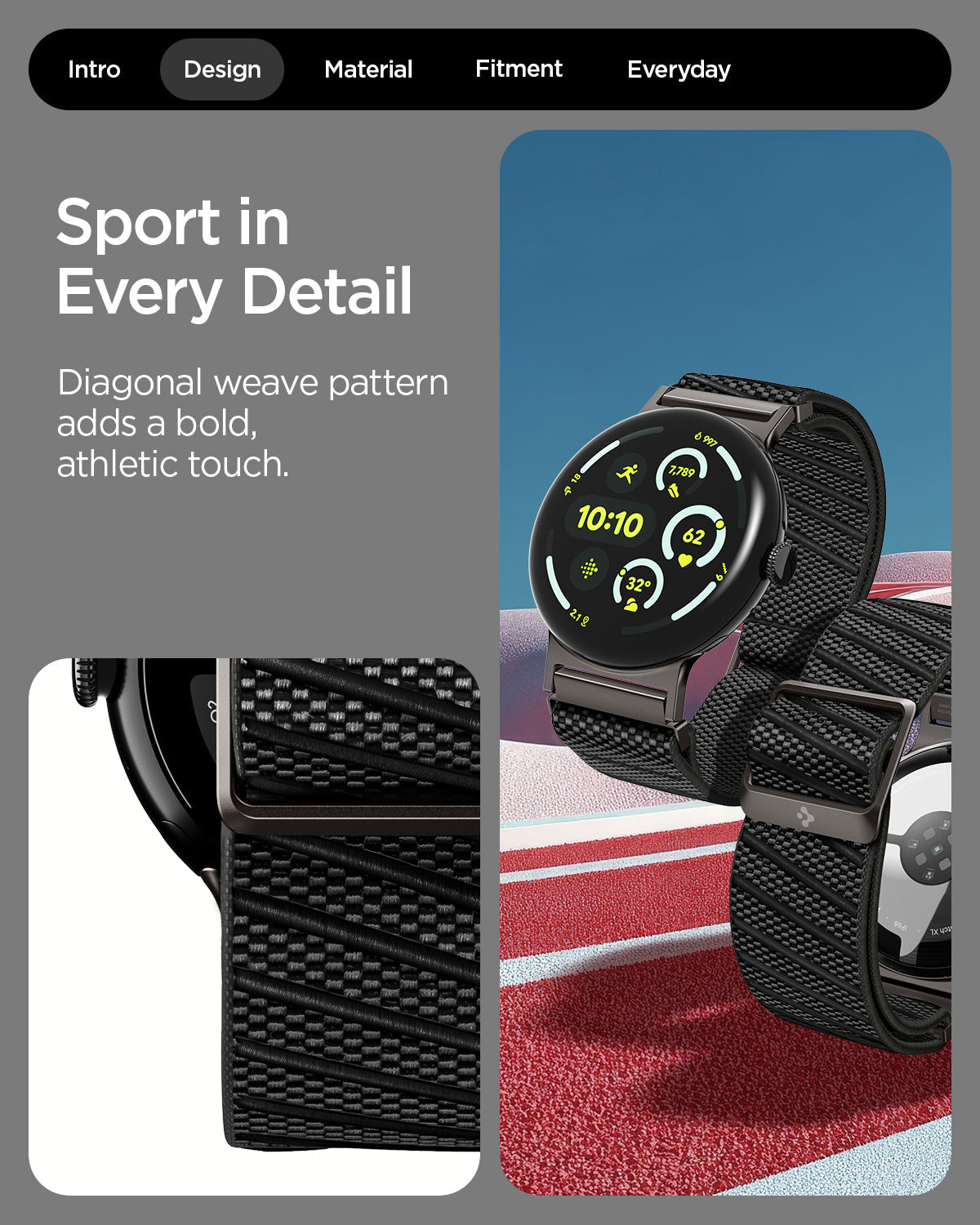 AMP11421 - Pixel Watch 4 45mm Lite Fit X Watch Band in black showing sport in every detail