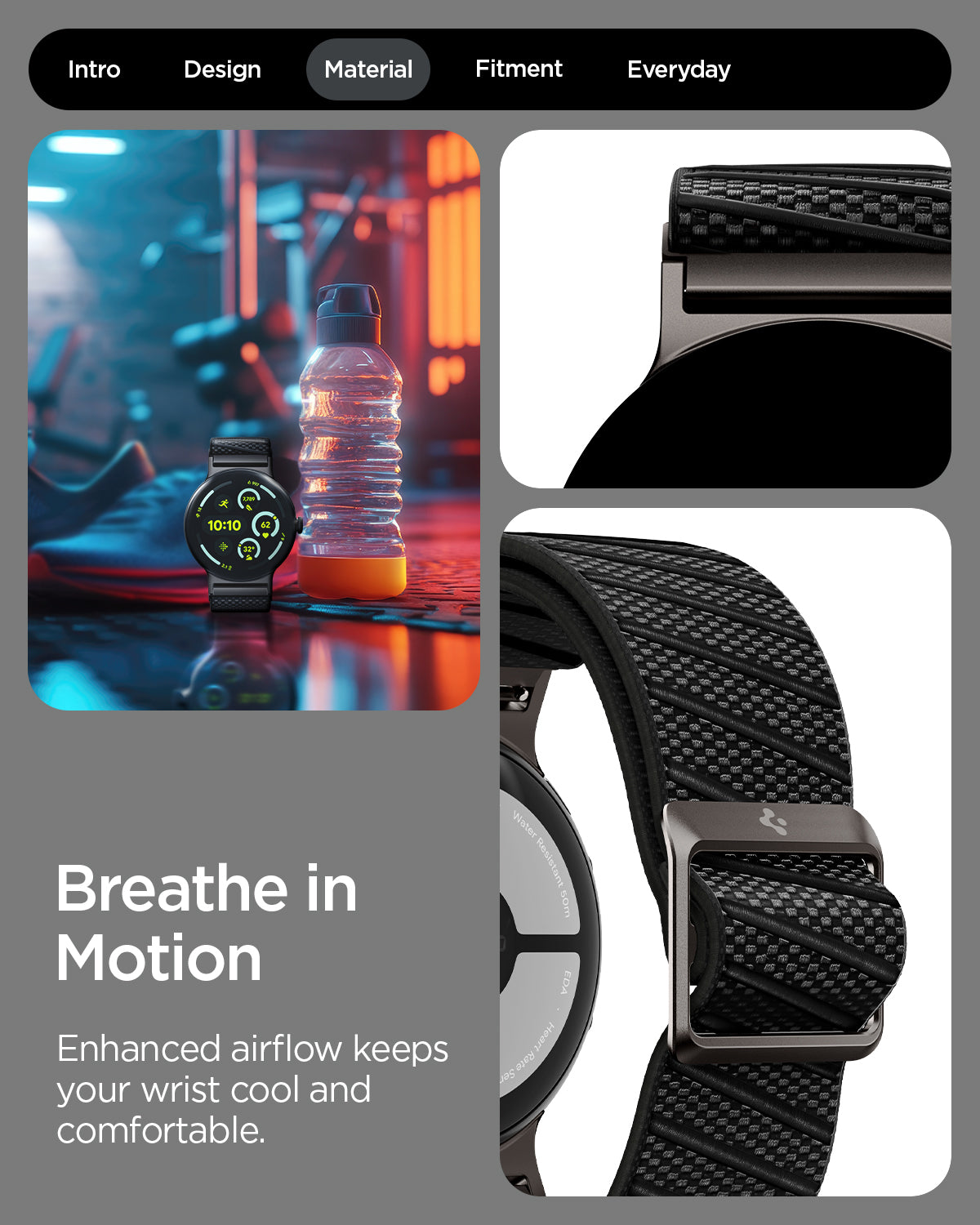 AMP11421 - Pixel Watch 4 45mm Lite Fit X Watch Band in black showing breathe in motion