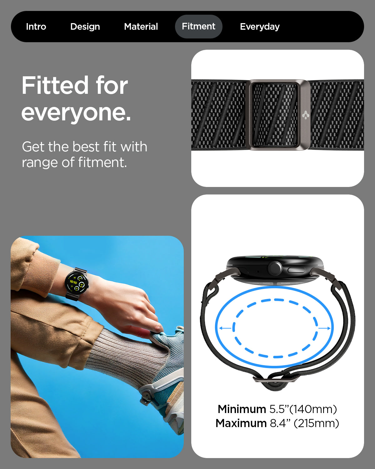 AMP11421 - Pixel Watch 4 45mm Lite Fit X Watch Band in black showing the fitted for everyone