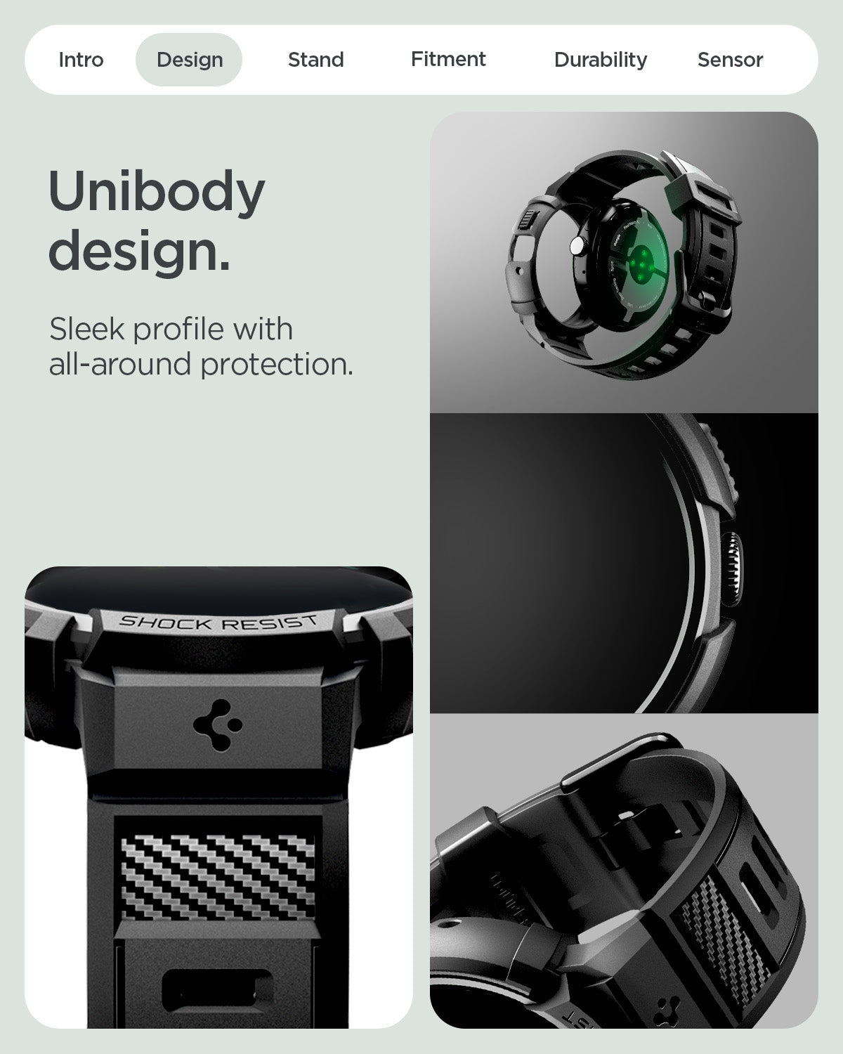 ACS09484 - Pixel Watch 4 (41mm) Band Rugged Armor Pro in black showing the unibody design. Sleek profile with all around protection