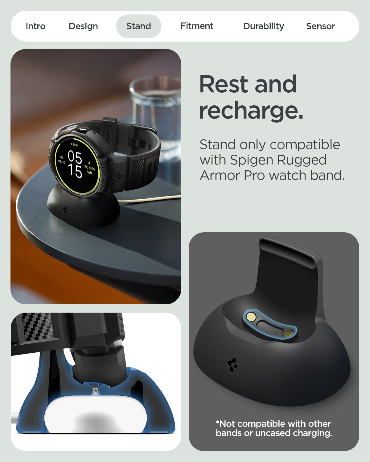 ACS09484 - Pixel Watch 4 (41mm) Band Rugged Armor Pro in black showing the rest and recharge. Stand only compatible with Spigen rugged armor pro watch band. Not compatible with other bands or uncased charging