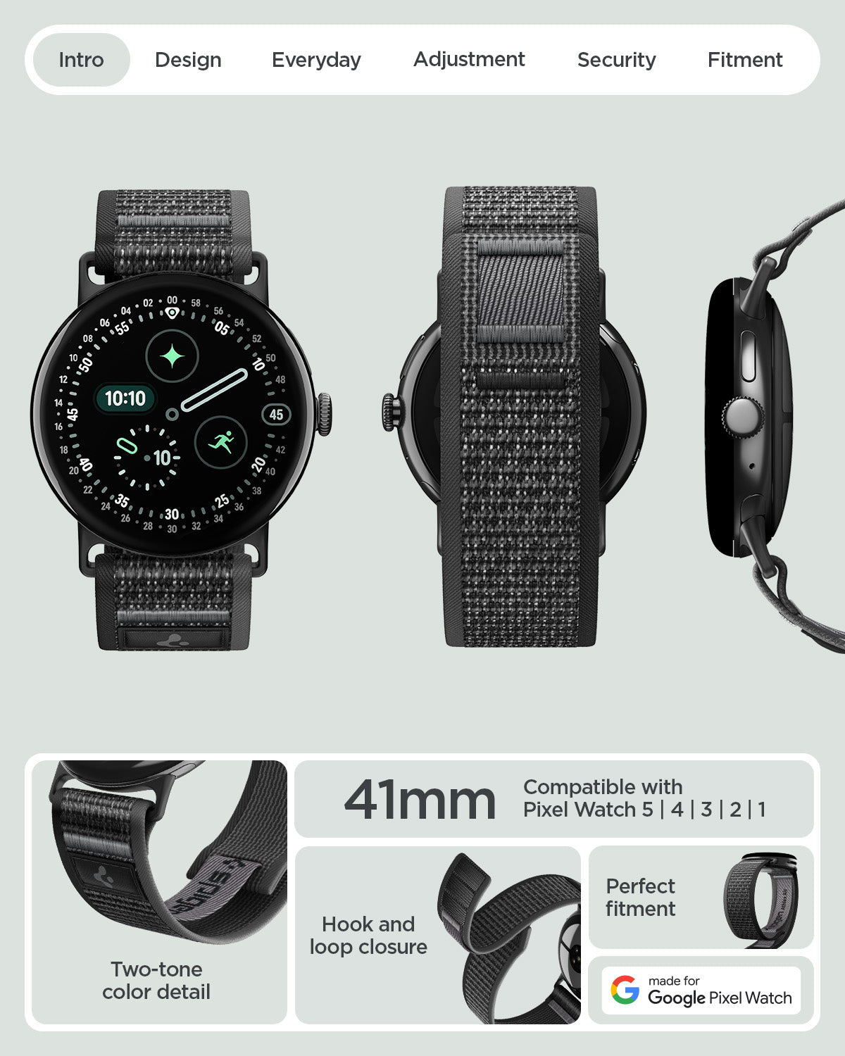 AMP11753 - Pixel Watch 5 (41mm) Athlex Air Active Black Gray multiple product angles showcase the overall design and secure attachment system.