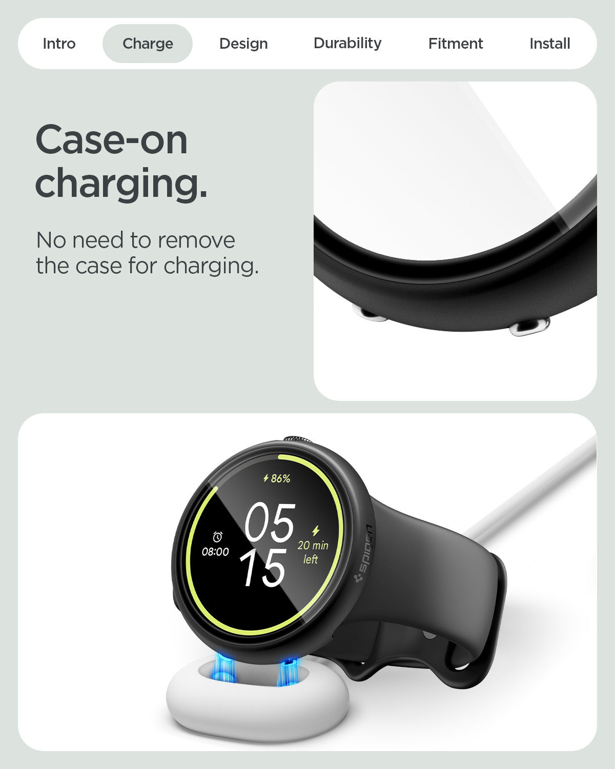 ACS11750 - Pixel Watch 5 (41mm) Thin Fit 360 Black front, side, and protective case views highlight the slim profile, wireless charging compatibility, integrated tempered glass screen protector, and secure all-around protection.