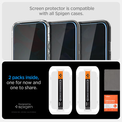 AGL09312 - Pixel 9 Pro GLAS.tR EZ Fit Privacy in Privacy showing the screen protector is compatible with all Spigen cases. 2 packs inside and one for now and one to share