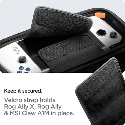 AFA06923 - ROG Ally (2023) RC71L Rugged Armor Pro Pouch in black showing the velcro strap holds Rog Ally X, Rog Ally & MSI Claw A1M in place
