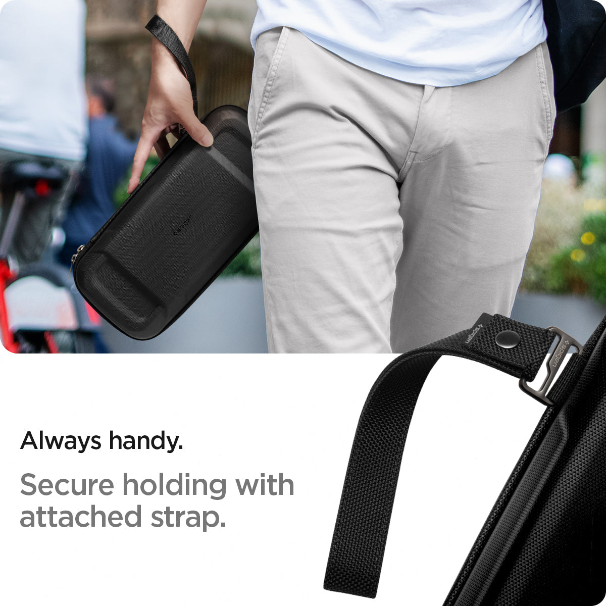 AFA06923 - ROG Ally (2023) RC71L Rugged Armor Pro Pouch in black showing the security of holding it with attached strap