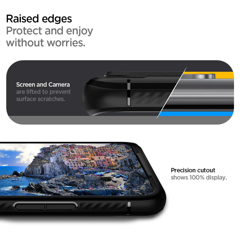 ACS00753 - Galaxy S20 Plus Rugged Armor Case in black raised edges protect and enjoy without worries. Screen and Camera are lifted to prevent surface scratches. Precision cutout shows 100% display.