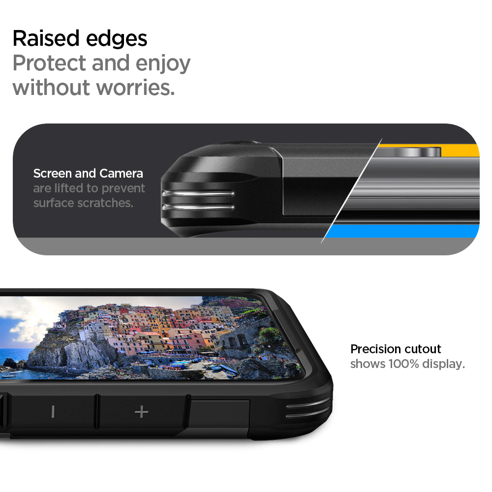 ACS00757 - Galaxy S20 Plus Tough Armor Case in black raised edges protect and enjoy without worries. Screen and Camera are lifted to prevent surface scratches. Precision cutout shows 100% display.