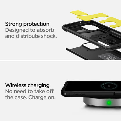 ACS00757 - Galaxy S20 Plus Tough Armor Case in black strong protection designed to absorb and distribute shock. wireless harging. no need to take off the case. charge on.