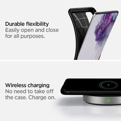 ACS00790 - Galaxy S20 Rugged Armor Case in black durable flexibility. Easily open and close for all purpose. wireless charging no need to take off the case. charge on.