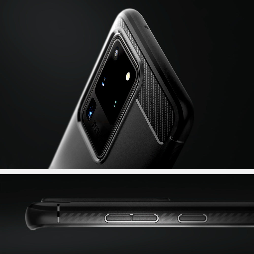 ACS00711 - Galaxy S20 Ultra Rugged Armor Case in black showing side and back.