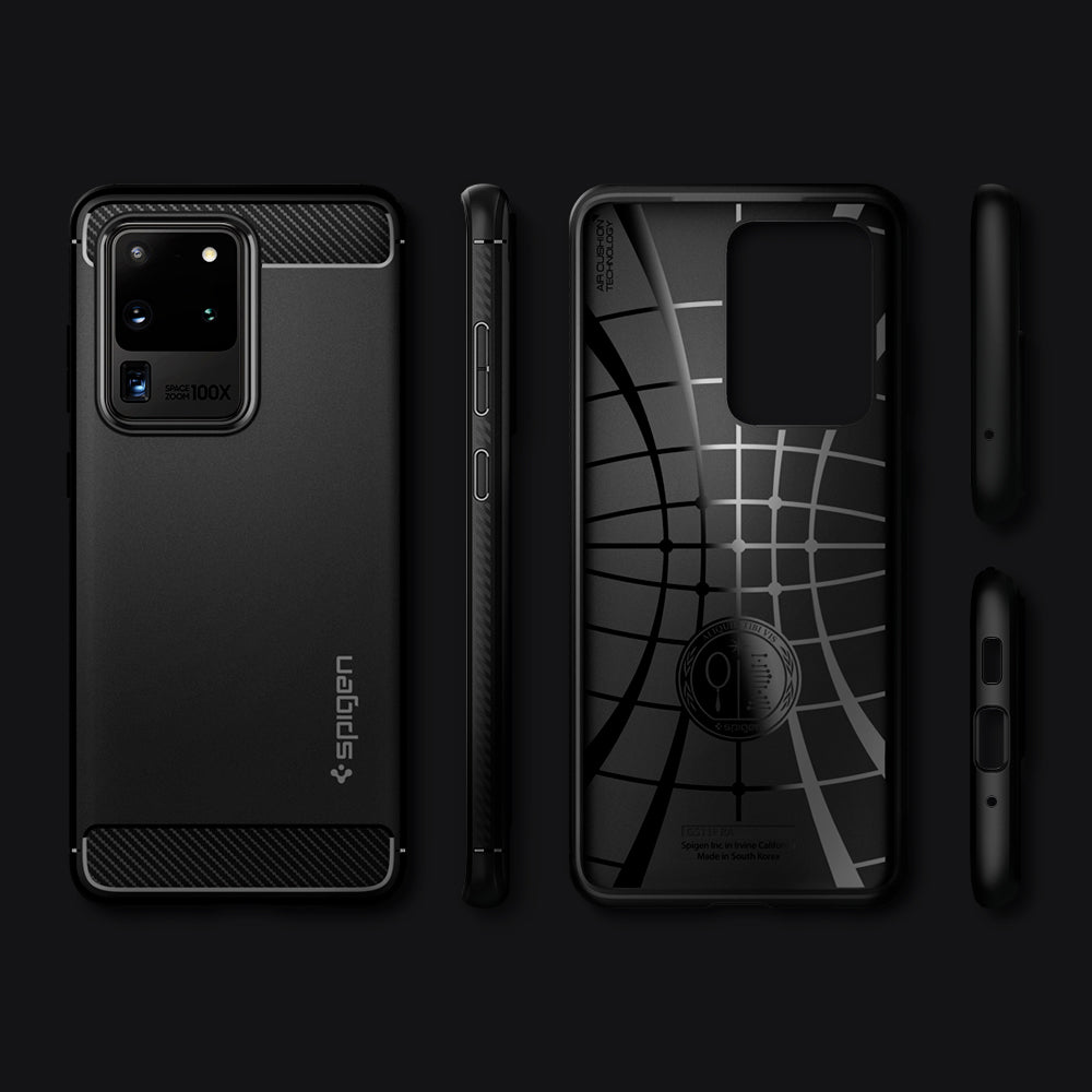 ACS00711 - Galaxy S20 Ultra Rugged Armor Case in black showing front, back, side.