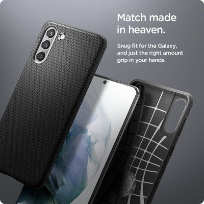 ACS02422 - Galaxy S21 Liquid Air Case in matte black showing the match made in heaven. Snug fit for the Galaxy, and just the right amount of grip in your hands